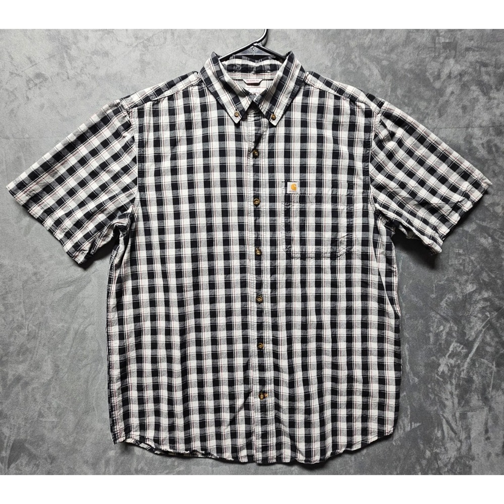 Carhartt Mens Large Relaxed Fit Plaid Short Sleeve Button Down Shirt Black White